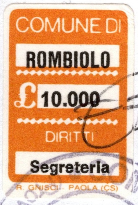 Marca da Bollo del Comune di ROMBIOLO su Carta Bianca di dimensioni 18 x 23 mm