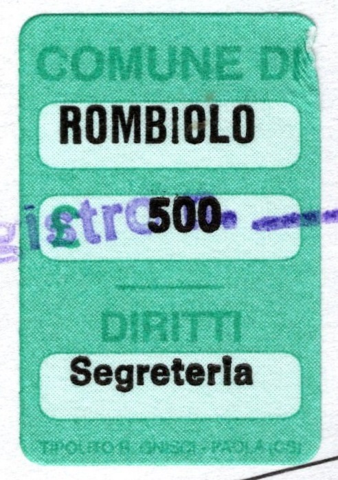 Marca da Bollo del Comune di ROMBIOLO su Carta Bianca di dimensioni 18 x 23 mm