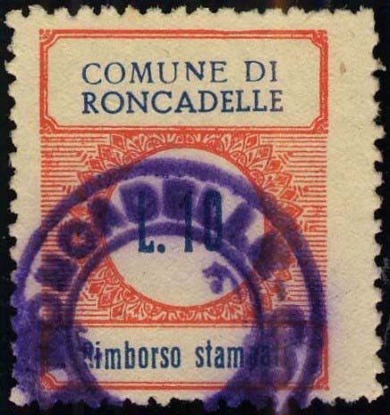 Marca da Bollo del Comune di RONCADELLE su Carta Bianca di dimensioni 22 x 26 mm