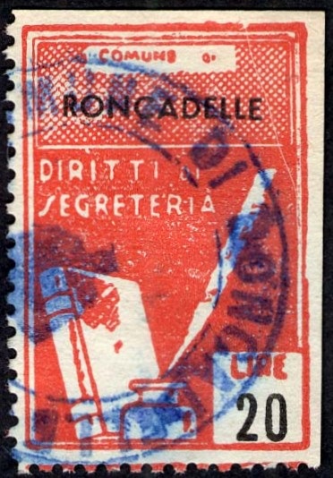 Marca da Bollo del Comune di RONCADELLE su Carta Bianca Sottile di dimensioni 21 X 32 mm