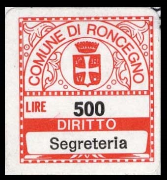 Marca da Bollo del Comune di RONCEGNO TERME su Carta Bianca di dimensioni 19 x 21 mm