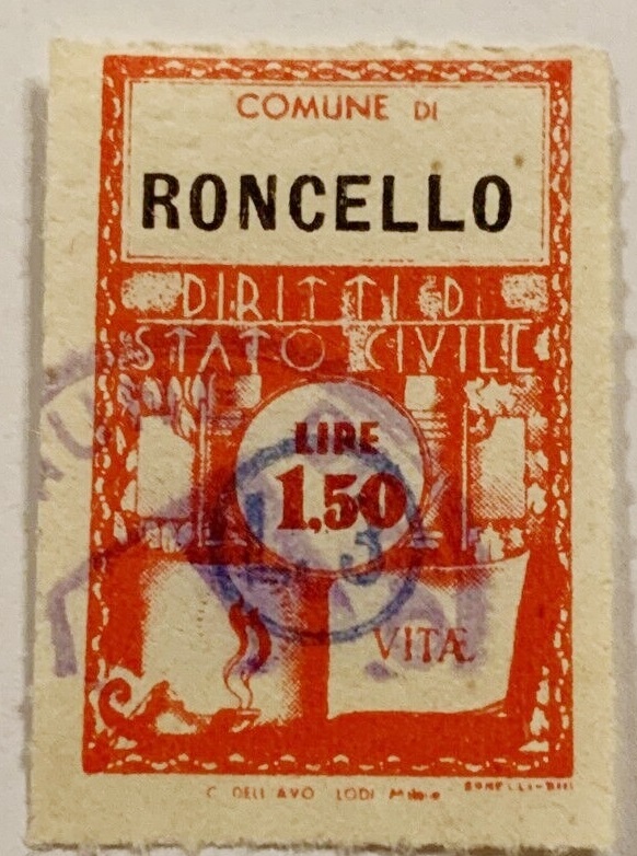 Marca da Bollo del Comune di RONCELLO su Carta Bianca di dimensioni 22 x 32 mm