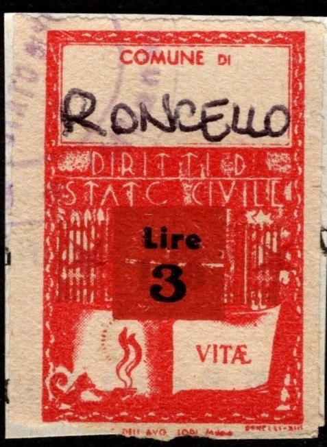 Marca da Bollo del Comune di RONCELLO su Carta Bianca di dimensioni 22 x 32 mm