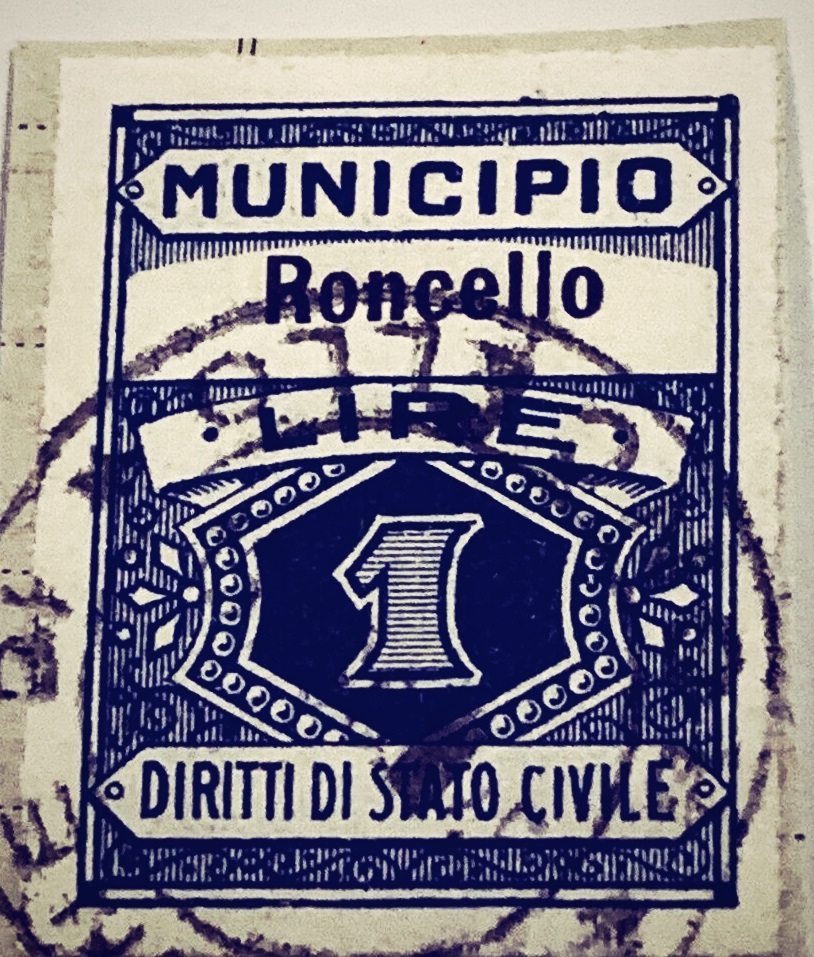 Marca da Bollo del Comune di RONCELLO su Carta Bianca di dimensioni 22 x 29 mm