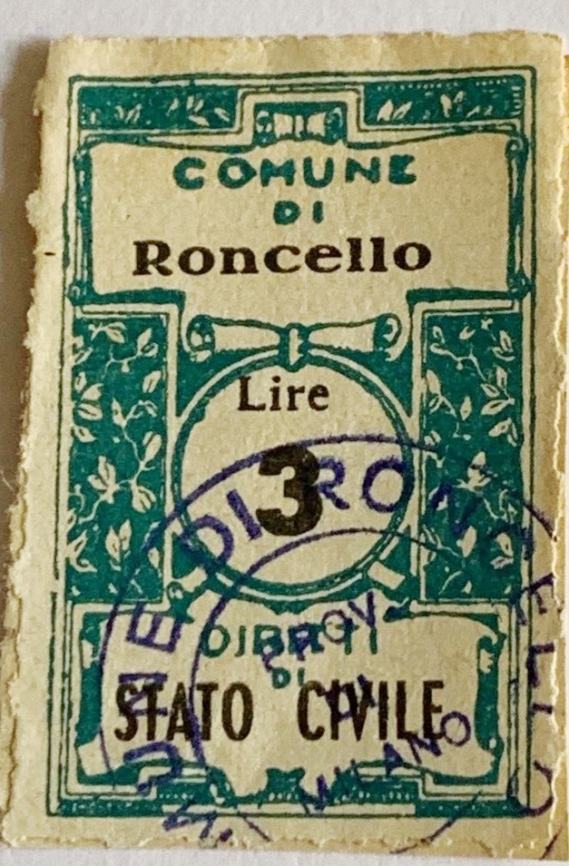Marca da Bollo del Comune di RONCELLO su Carta Bianca di dimensioni 22 x 32 mm