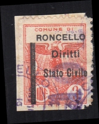 Marca da Bollo del Comune di RONCELLO su Carta Bianca di dimensioni 22 x 28 mm