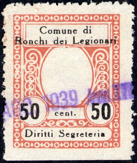 Marca da Bollo del Comune di RONCHI DEI LEGIONARI su Carta Bianca di dimensioni 23,5 x 30 mm
