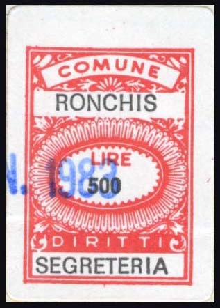 Marca da Bollo del Comune di RONCHIS su Carta Bianca di dimensioni 17 X 24 5 mm