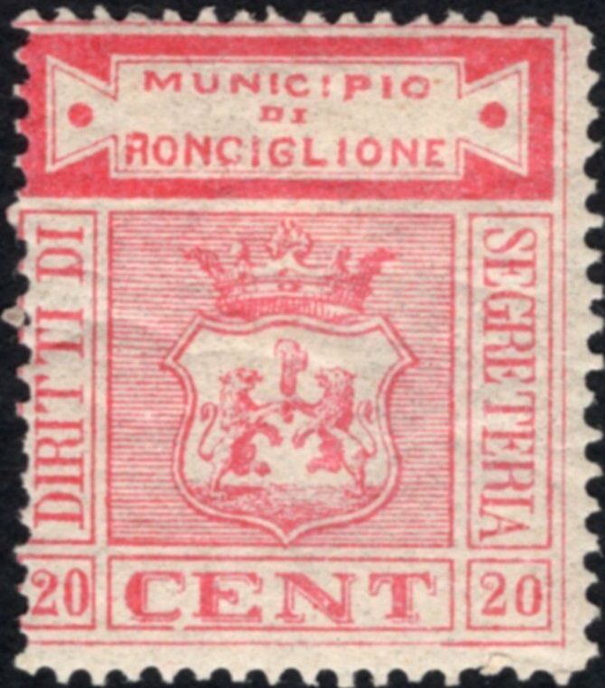 Marca da Bollo del Comune di RONCIGLIONE su Carta Bianca Sottile di dimensioni 26 x 29 mm