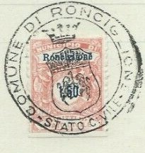 Marca da Bollo del Comune di RONCIGLIONE su Carta Bianca Sottile di dimensioni 22 x 28 mm