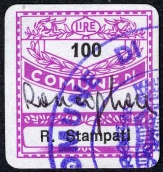 Marca da Bollo del Comune di RONCIGLIONE su Carta Bianca di dimensioni 19 x 21 mm