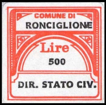 Marca da Bollo del Comune di RONCIGLIONE su Carta Bianca di dimensioni 24 x 21 mm