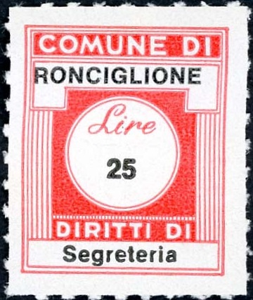 Marca da Bollo del Comune di RONCIGLIONE su Carta Bianca di dimensioni 20 x 25 mm