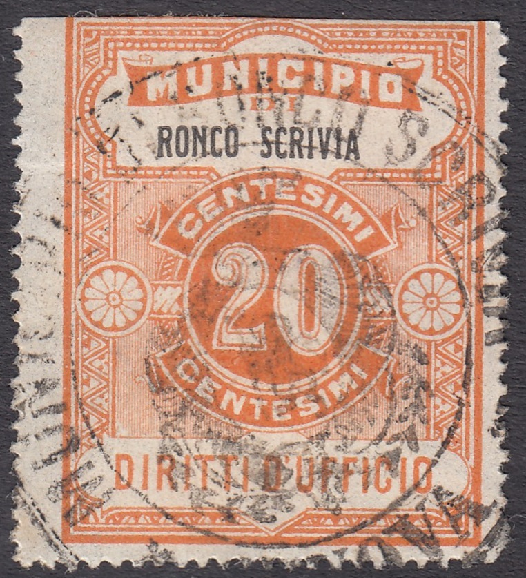 Marca da Bollo del Comune di RONCO SCRIVIA su Carta Bianca di dimensioni 24,5 x 30,5 mm