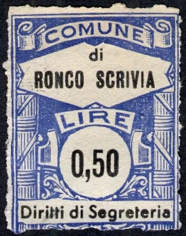 Marca da Bollo del Comune di RONCO SCRIVIA su Carta Bianca di dimensioni 22 x 29 mm