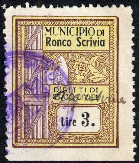 Marca da Bollo del Comune di RONCO SCRIVIA su Carta Bianca di dimensioni mm