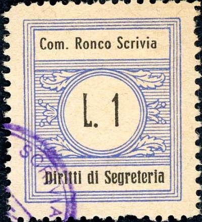 Marca da Bollo del Comune di RONCO SCRIVIA su Carta Bianca Sottile di dimensioni 22 x 26 mm