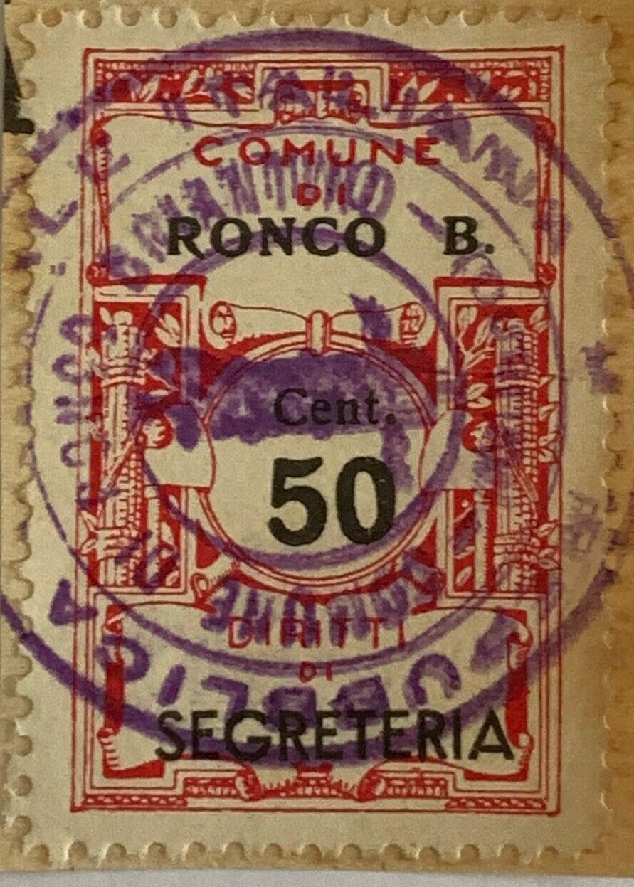 Marca da Bollo del Comune di RONCO BRIANTINO su Carta Bianca di dimensioni 23 x 42 mm