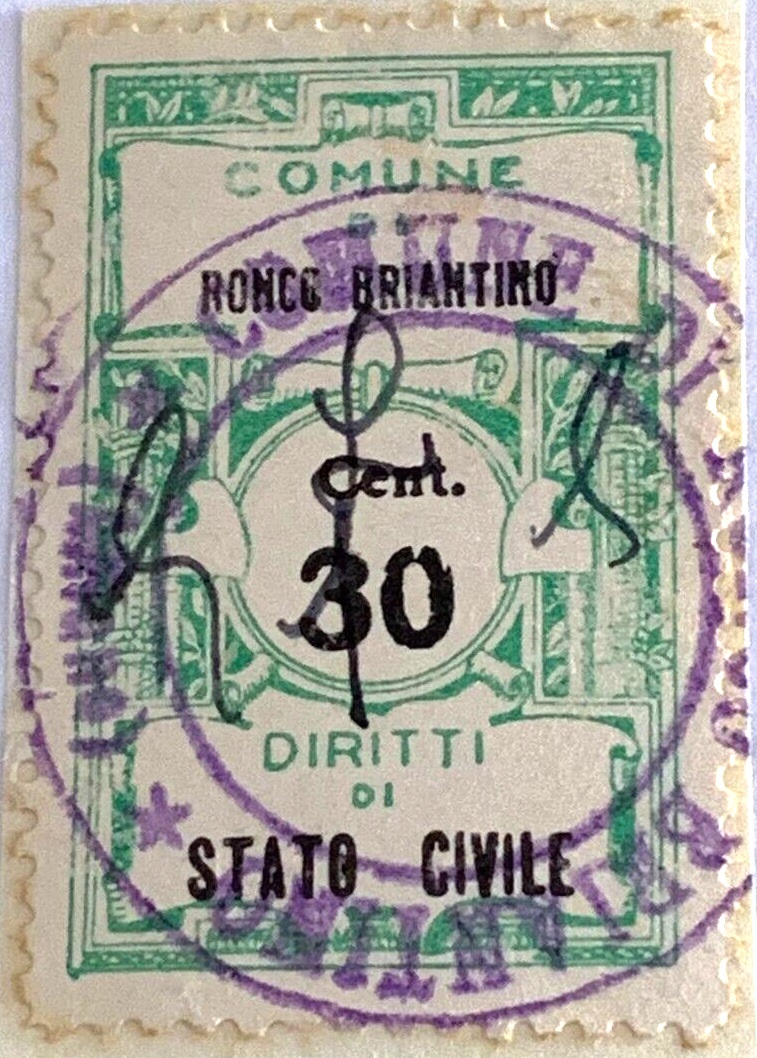 Marca da Bollo del Comune di RONCO BRIANTINO su Carta Bianca di dimensioni 23 x 42 mm