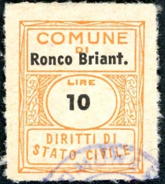 Marca da Bollo del Comune di RONCO BRIANTINO su Carta Bianca di dimensioni 17 x 21 mm