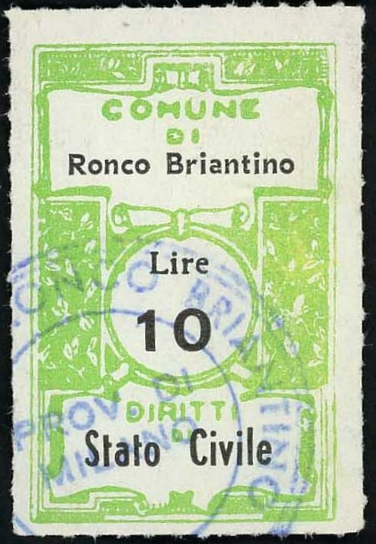 Marca da Bollo del Comune di RONCO BRIANTINO su Carta Bianca di dimensioni 22,5 x 35,5 mm