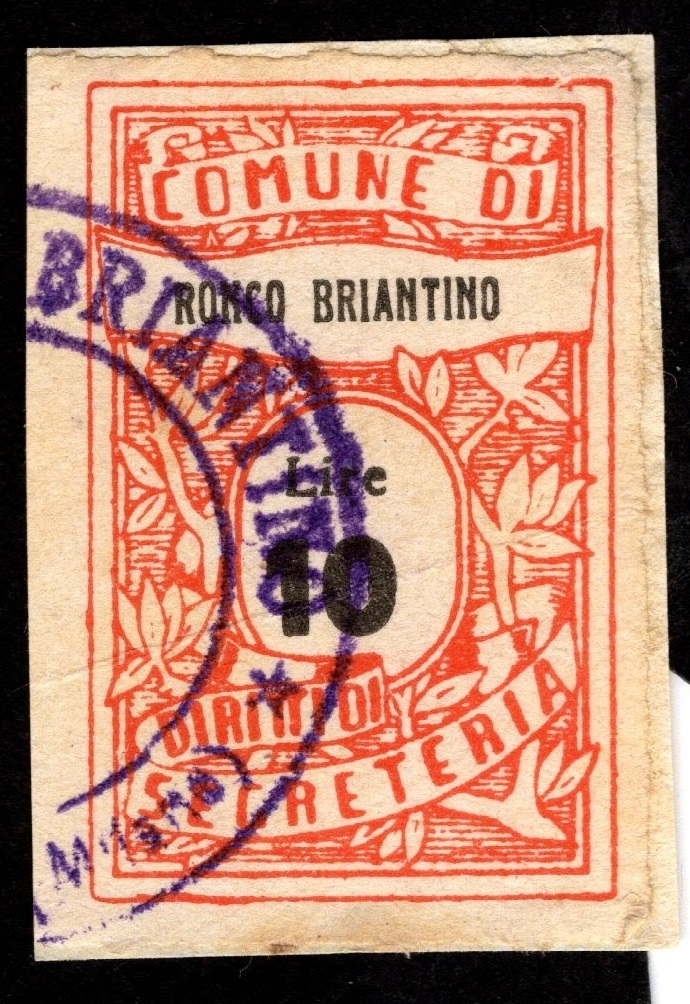 Marca da Bollo del Comune di RONCO BRIANTINO su Carta Bianca di dimensioni 22,5 x 35 mm