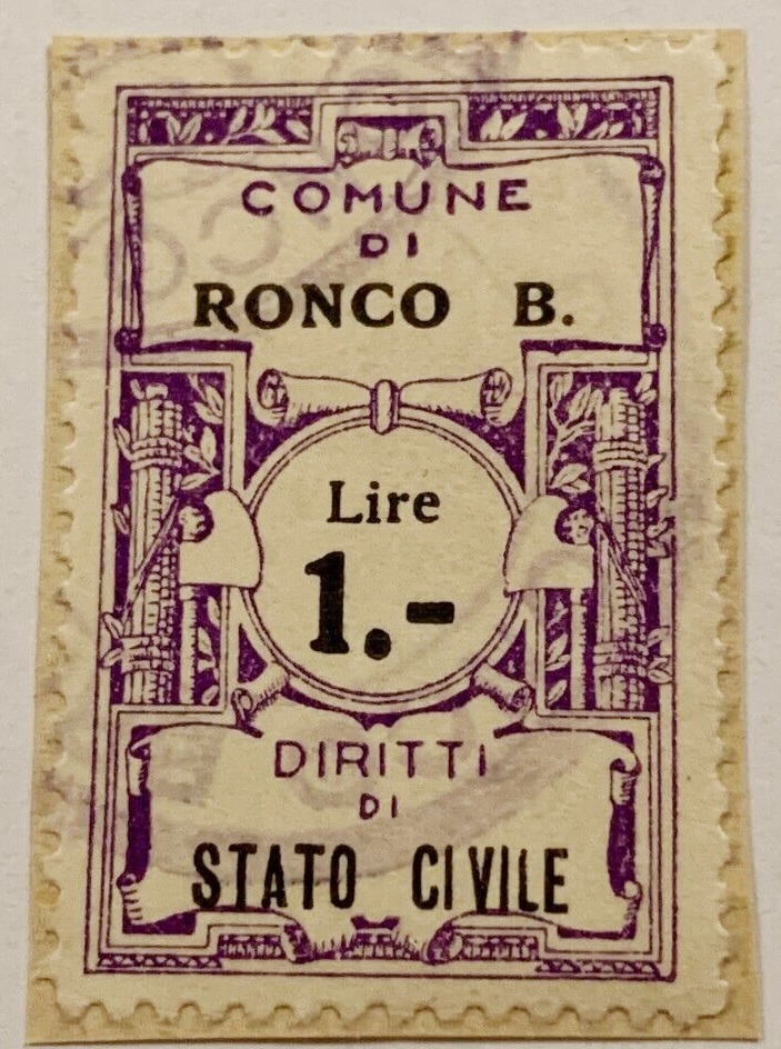 Marca da Bollo del Comune di RONCO BIELLESE su Carta Bianca di dimensioni 23 x 42 mm