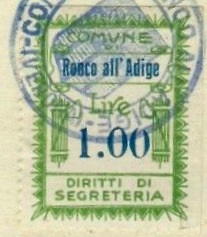 Marca da Bollo del Comune di RONCO ALL´ADIGE su Carta Bianca di dimensioni 23 x 29 mm