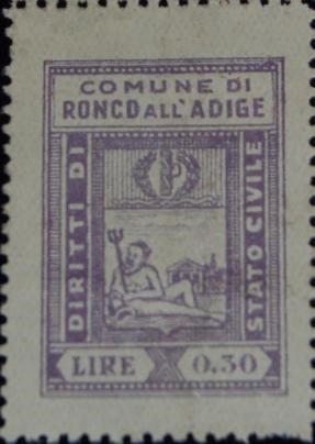 Marca da Bollo del Comune di RONCO ALL´ADIGE su Carta Bianca di dimensioni 23 x 29 mm