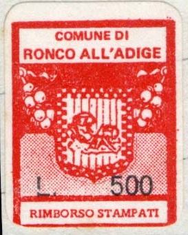 Marca da Bollo del Comune di RONCO ALL´ADIGE su Carta Bianca di dimensioni 16,5 x 21 mm