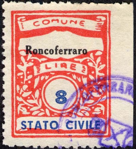 Marca da Bollo del Comune di RONCOFERRARO su Carta Bianca di dimensioni 22,5 x 28 mm