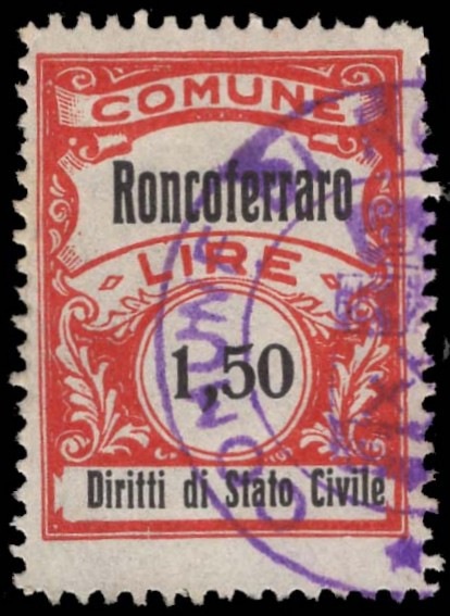 Marca da Bollo del Comune di RONCOFERRARO su Carta Bianca di dimensioni 22,5 x 28 mm