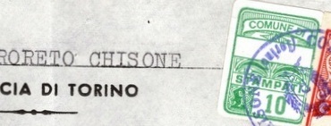 Marca da Bollo del Comune di RORETO CHISONE su Carta Bianca di dimensioni 16 x 22 mm