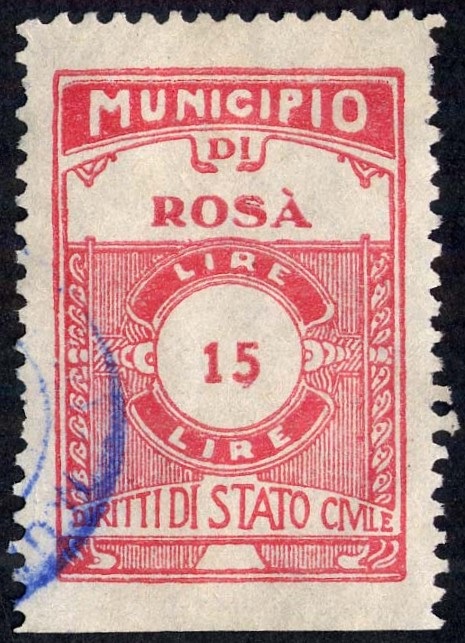 Marca da Bollo del Comune di ROSA´ su Carta Bianca di dimensioni 24 x 35,5 mm