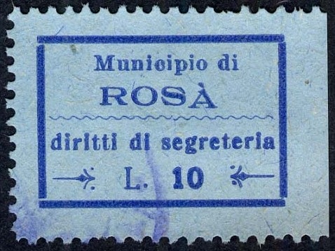Marca da Bollo del Comune di ROSA´ su Carta Colorata di dimensioni 25 x 17,5 mm