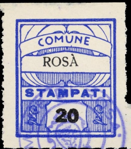 Marca da Bollo del Comune di ROSA´ su Carta Bianca di dimensioni 23 x 28 mm