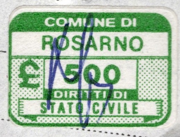 Marca da Bollo del Comune di ROSARNO su Carta Bianca di dimensioni 20 x 14 mm