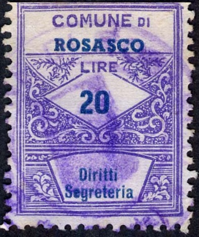 Marca da Bollo del Comune di ROSASCO su Carta Bianca Sottile di dimensioni 22 x 28 mm