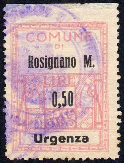 Marca da Bollo del Comune di ROSIGNANO MONFERRATO su Carta Bianca di dimensioni 24 x 32 mm
