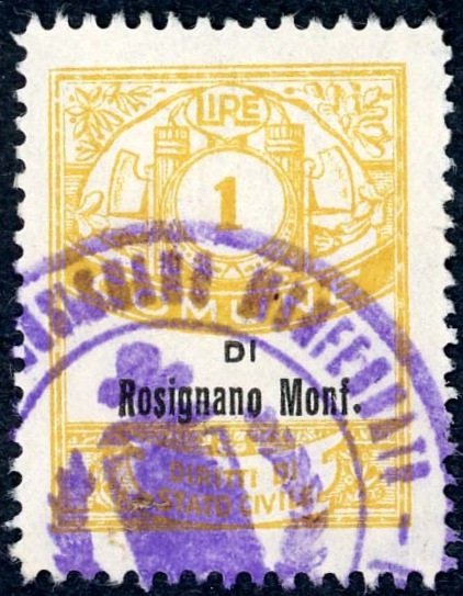 Marca da Bollo del Comune di ROSIGNANO MONFERRATO su Carta Bianca di dimensioni mm