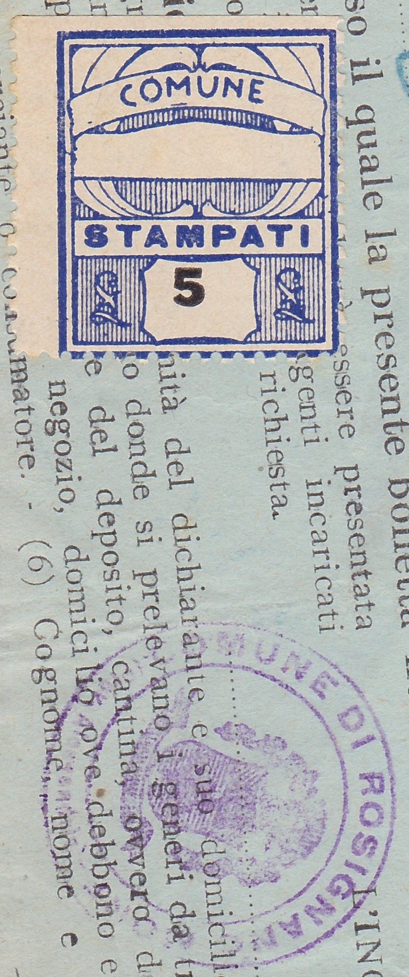 Marca da Bollo del Comune di ROSIGNANO MONFERRATO su Carta Bianca di dimensioni 24 x 28 mm