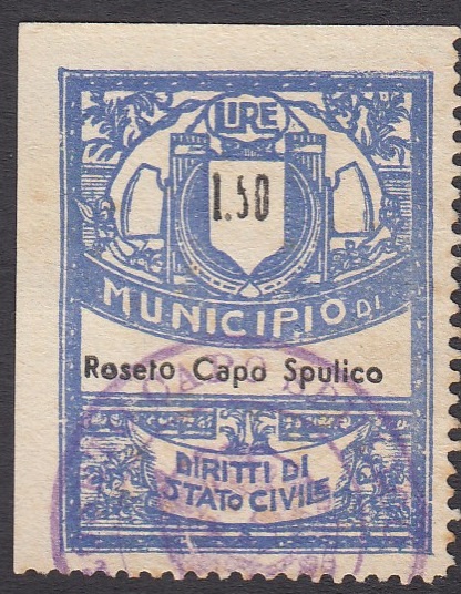 Marca da Bollo del Comune di ROSETO CAPO SPULICO su Carta Bianca di dimensioni 28 x 36 mm