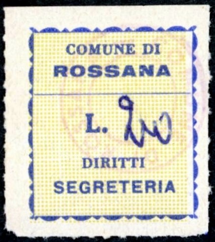 Marca da Bollo del Comune di ROSSANA su Carta Bianca di dimensioni 23 x 26 mm