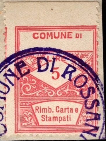 Marca da Bollo del Comune di ROSSANA su Carta Bianca di dimensioni 23 x 26 mm