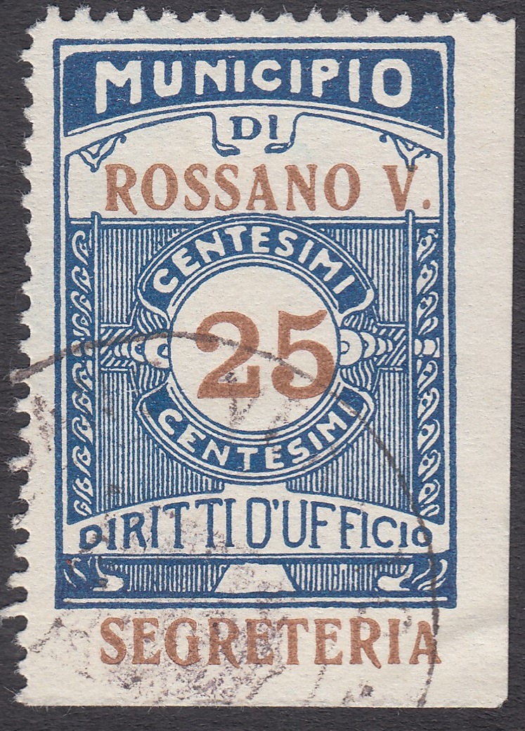 Marca da Bollo del Comune di ROSSANO VENETO su Carta Bianca di dimensioni 23,5 x 34 mm
