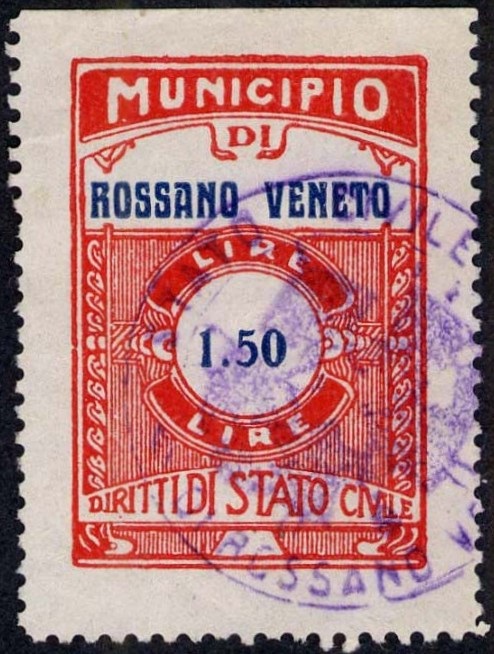 Marca da Bollo del Comune di ROSSANO VENETO su Carta Bianca di dimensioni 24 x 35,5 mm