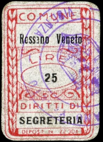 Marca da Bollo del Comune di ROSSANO VENETO su Carta Bianca di dimensioni 20 x 30 mm