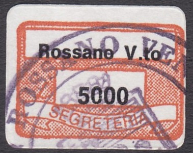 Marca da Bollo del Comune di ROSSANO VENETO su Carta Bianca di dimensioni 19,5 x 13,5 mm