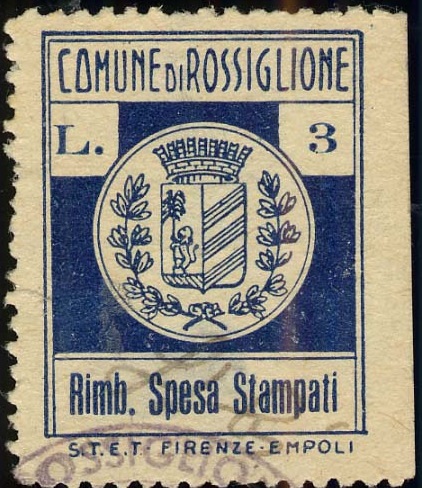 Marca da Bollo del Comune di ROSSIGLIONE su Carta Bianca di dimensioni 22 x 26 mm