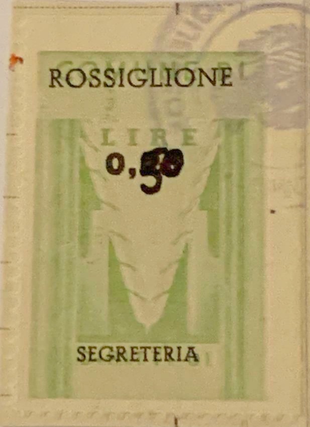 Marca da Bollo del Comune di ROSSIGLIONE su Carta Bianca di dimensioni 24 X 33 mm